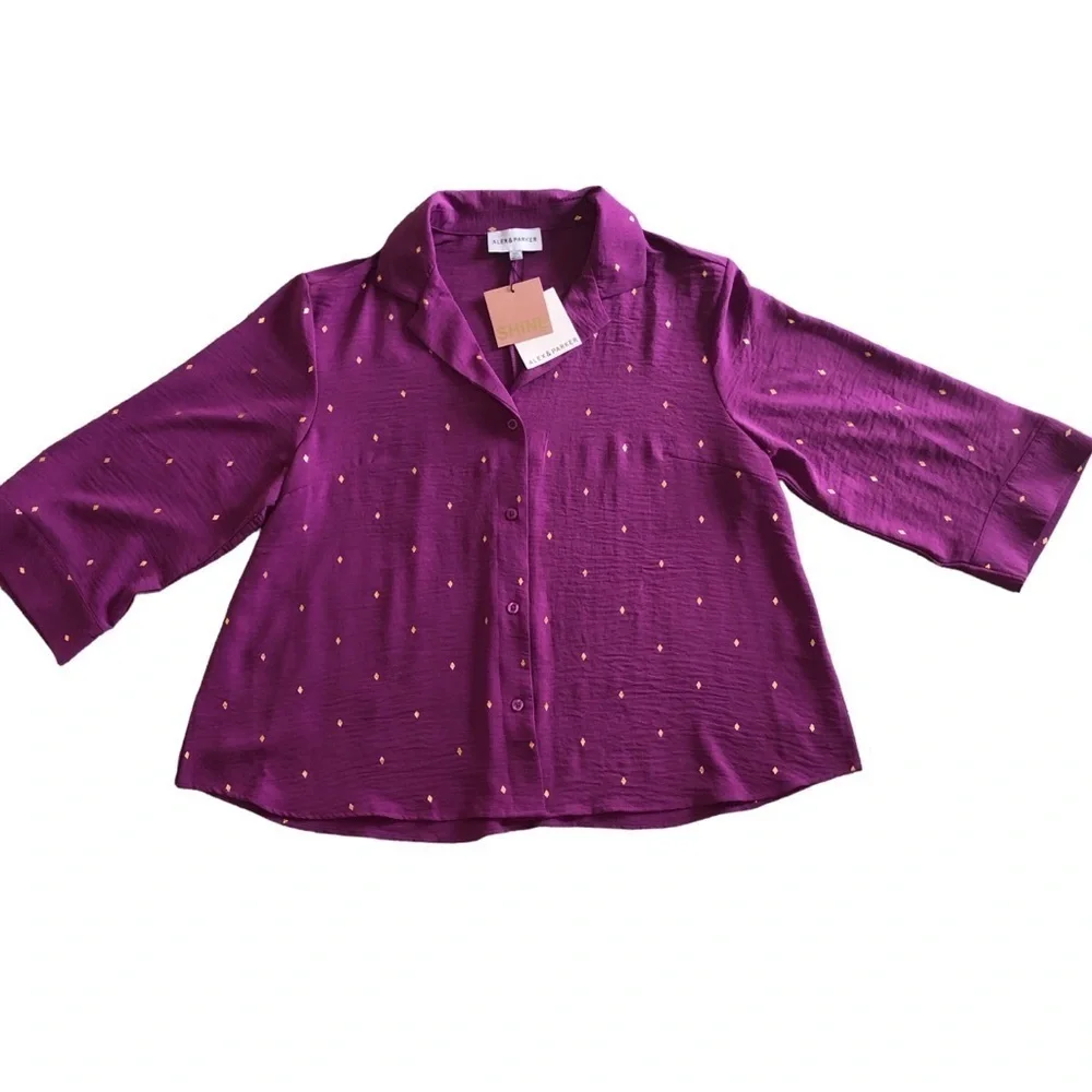 Alex & Parker Women’s Flowy Button Front Swing Top 1XL Purple Gold Accents NWT - Picture 5 of 12